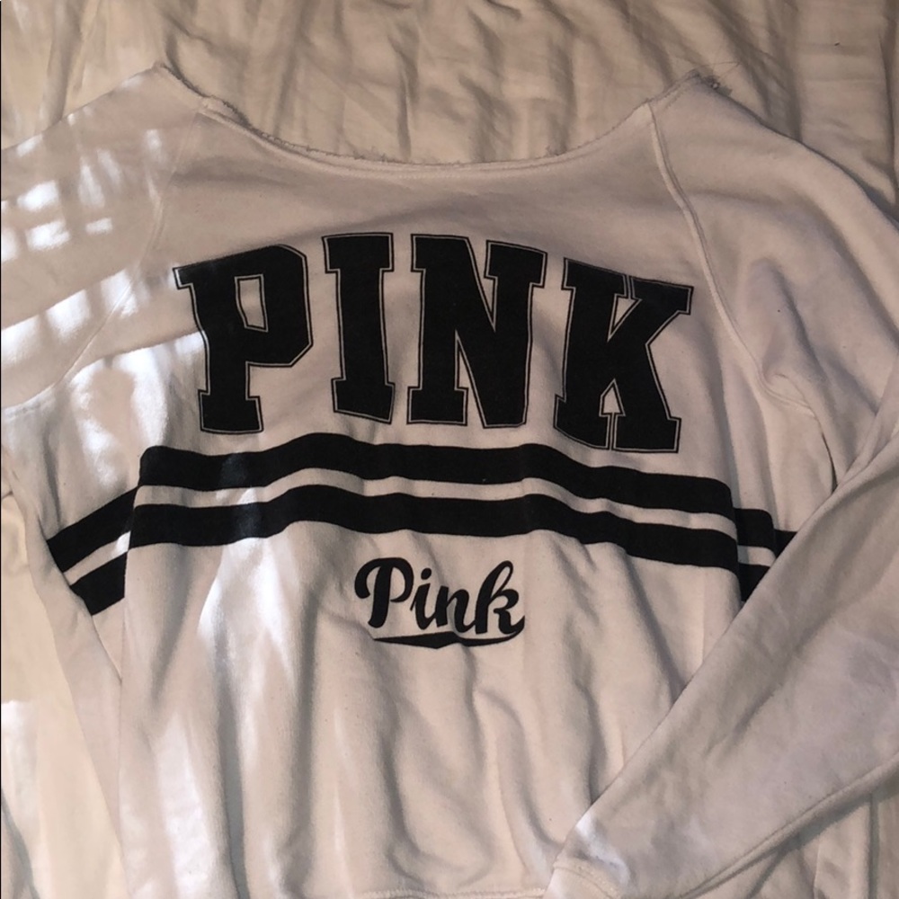 VS Pink White Sweatshirt Off the Shoulder